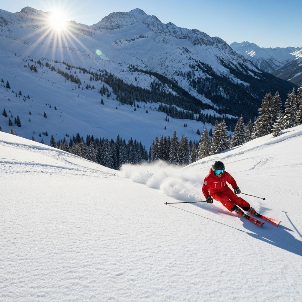 Skiing down mountain slopes