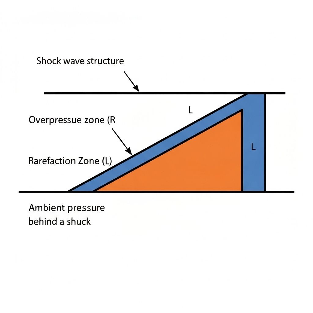 Diagram showing shock wave structure with overpressure and rarefaction zones